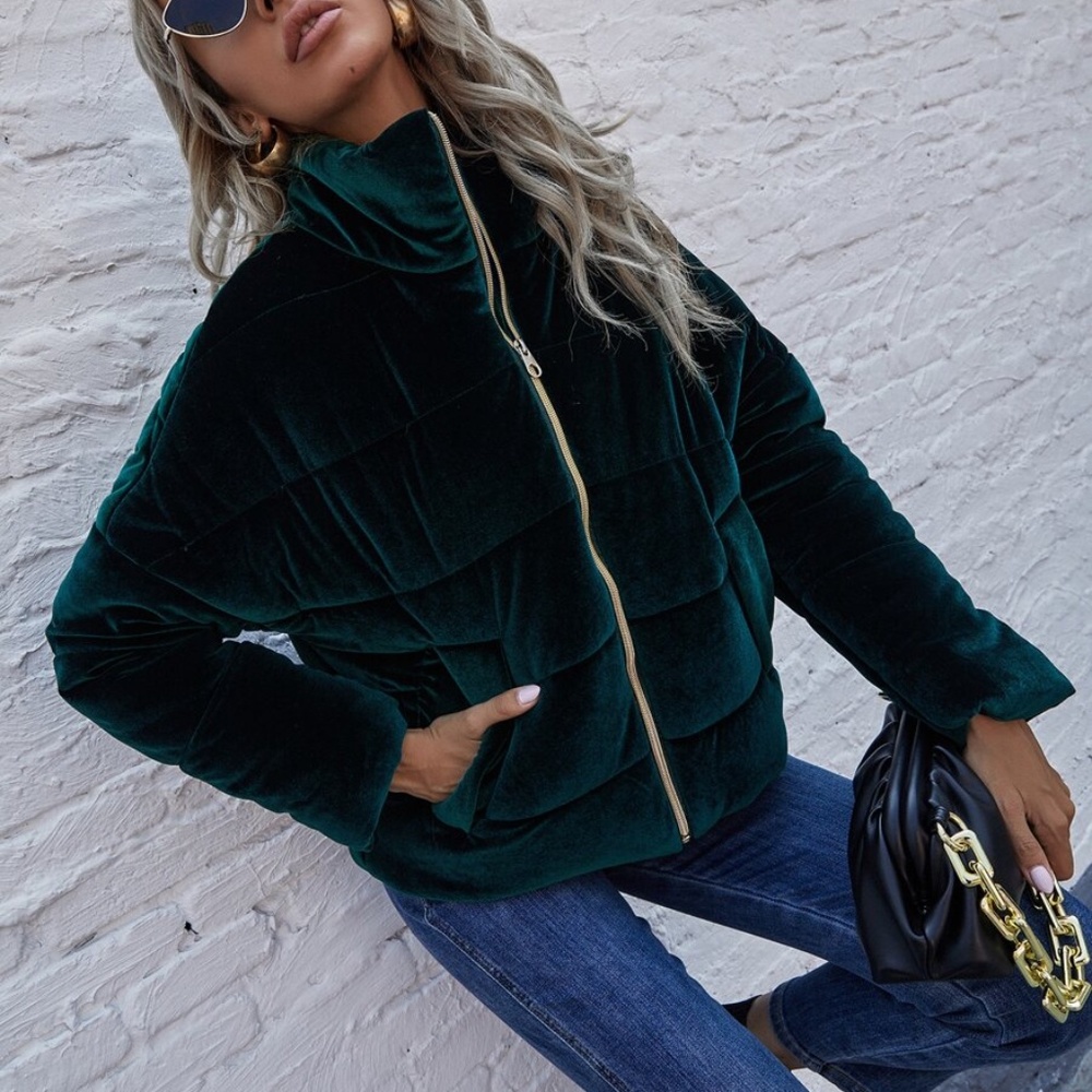 Cozy emerald green zipper velvet puffy bomber jacket Coat - Picture 3 of 7